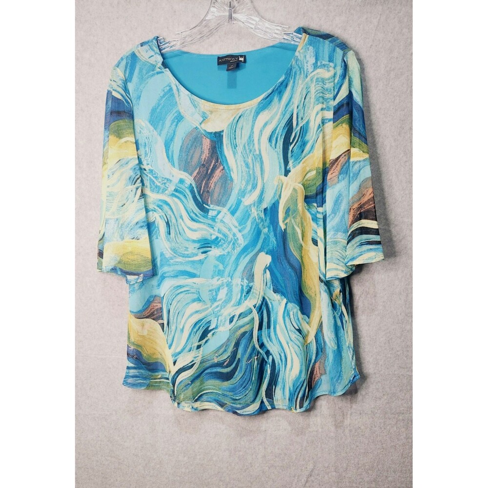 Antthony Womens Top Large Abstract  Blue Yellow Multicolor  Casual Tunic - Picture 2 of 11